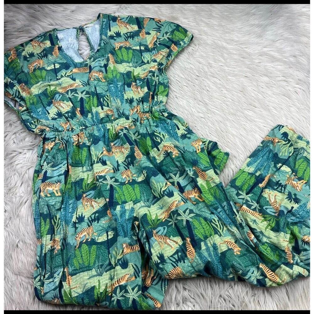 World Market Women's S/M Green Tiger Jungle Printed Jumpsuit 100% Cotton
